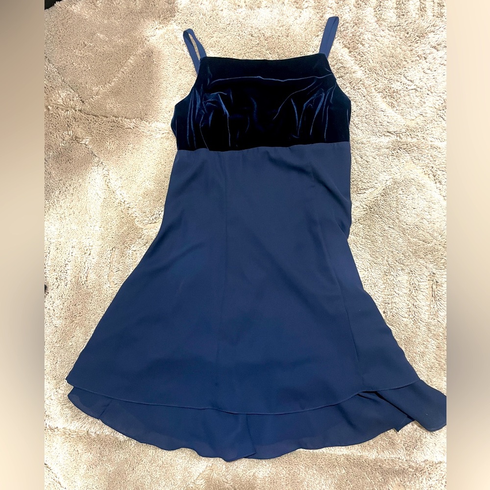 Vintage 90s Dark Blue Cocktail Dress With Velvet Upper Bust Sz 10